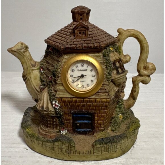 Vintage Hamlet Cottage Teapot Clock Figurine Handcrafted Resin Quartz Japan - Picture 1 of 9